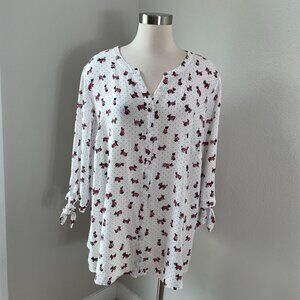 Catherines Womens Plus 1X Scottie Dog Blouse 3/4 Sleeve V Neck Shirt Top